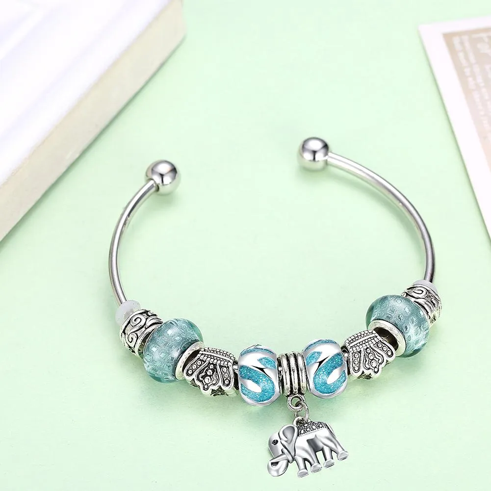 Blue  Elements Pandora Inspired Enamel Elephant Charm Bangle