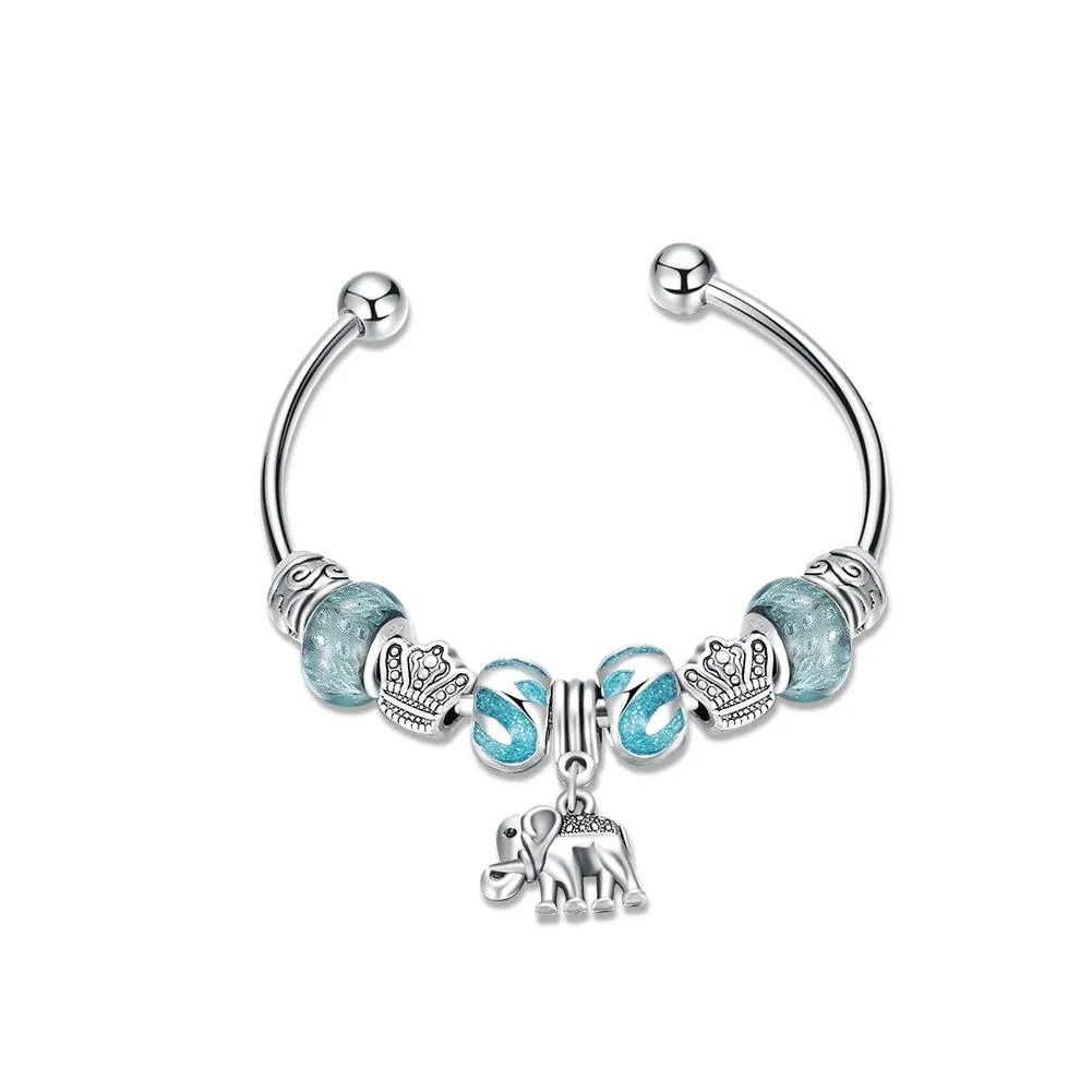 Blue  Elements Pandora Inspired Enamel Elephant Charm Bangle