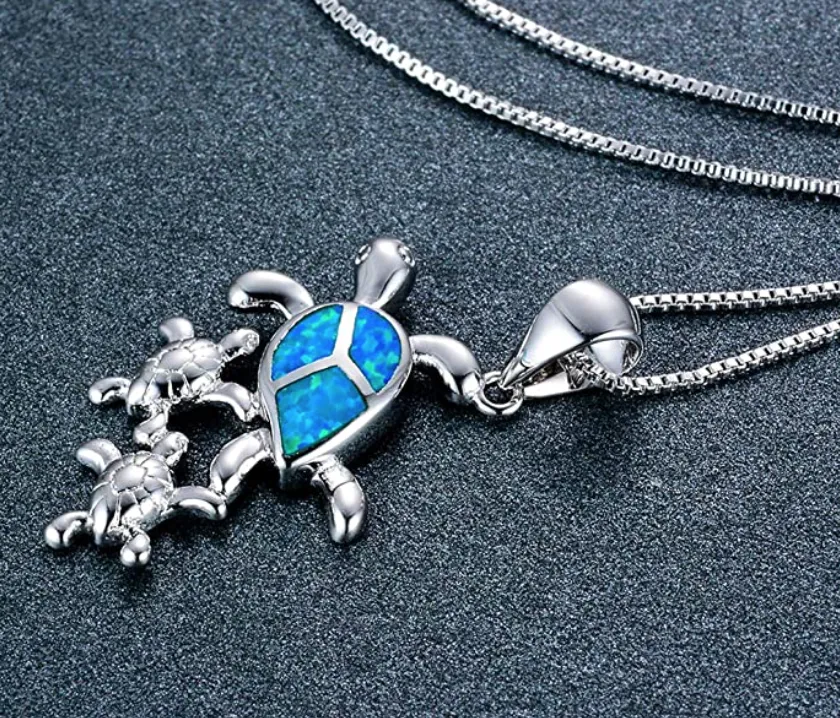 Blue Opal Family Baby Turtle Necklace Pendant Beach Ocean Tropical Sea Turtle Necklace Tortoise Jewelry Hawaiian Chain Gift 925 Sterling Silver 20in.