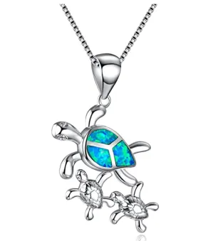 Blue Opal Family Baby Turtle Necklace Pendant Beach Ocean Tropical Sea Turtle Necklace Tortoise Jewelry Hawaiian Chain Gift 925 Sterling Silver 20in.