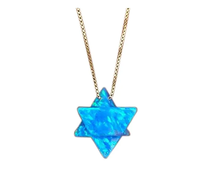 Blue Opal Merkaba Star Tetrahedron Necklace Pendulum Healing Reiki Pendant Chain Sacred Geometry Kabbalah Jewelry Gold 925 Sterling Silver 18in.