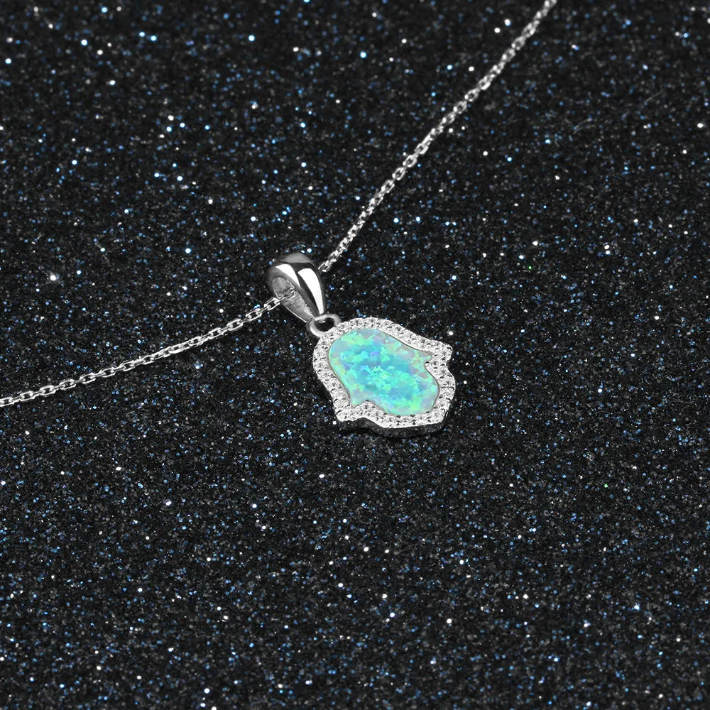 Blue Opal Palm Zircon Soleste Halo Sterling Silver Necklace