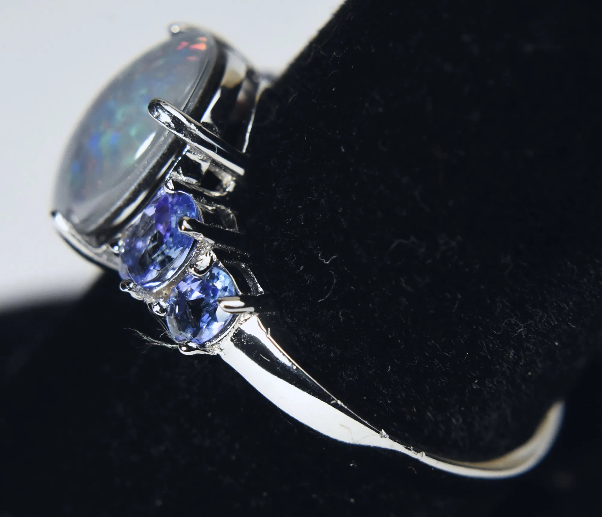 Blue Opal Triplet and Tanzanite Sterling Silver Ring - Size 8.75