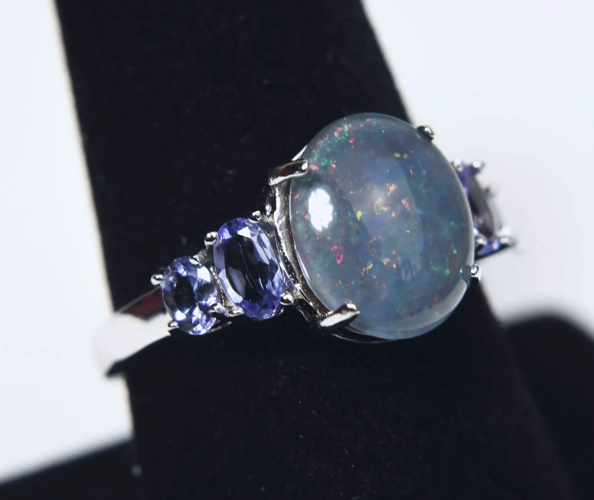 Blue Opal Triplet and Tanzanite Sterling Silver Ring - Size 8.75
