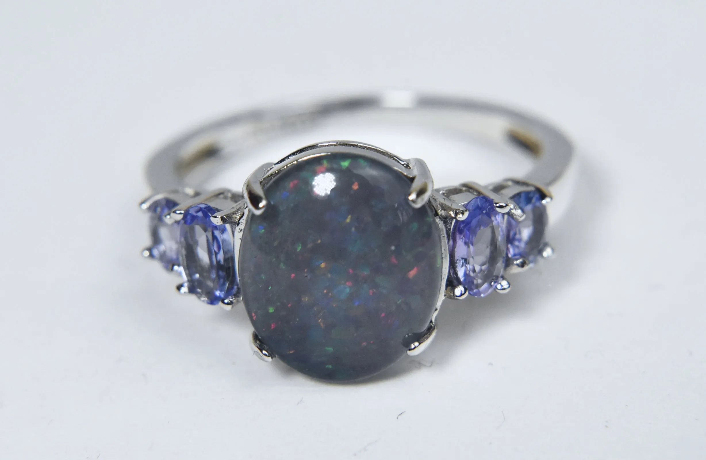 Blue Opal Triplet and Tanzanite Sterling Silver Ring - Size 8.75