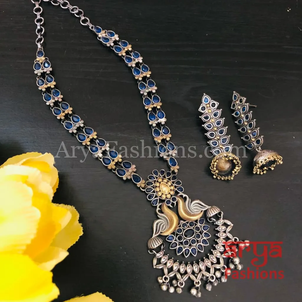 Blue Silver and Gold Dual tone Necklace with Blue Cultured Stones