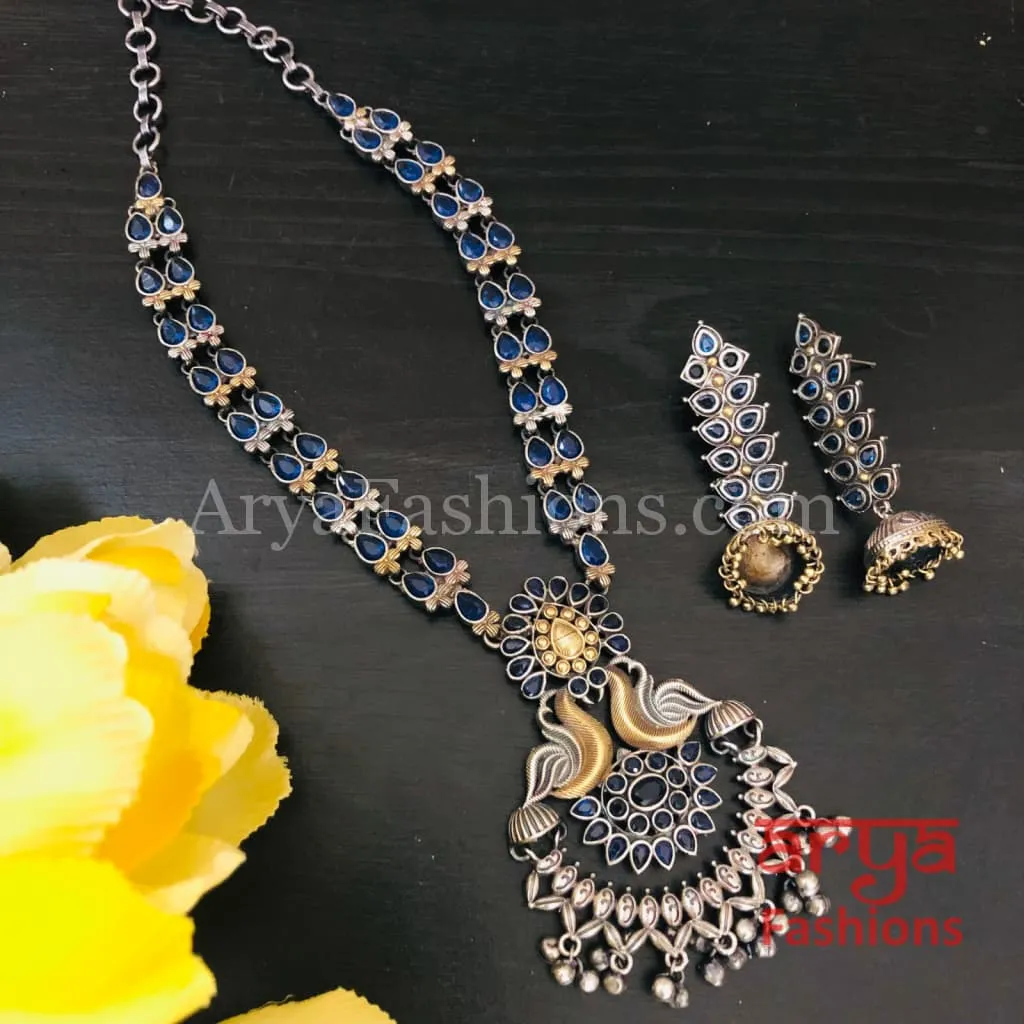 Blue Silver and Gold Dual tone Necklace with Blue Cultured Stones