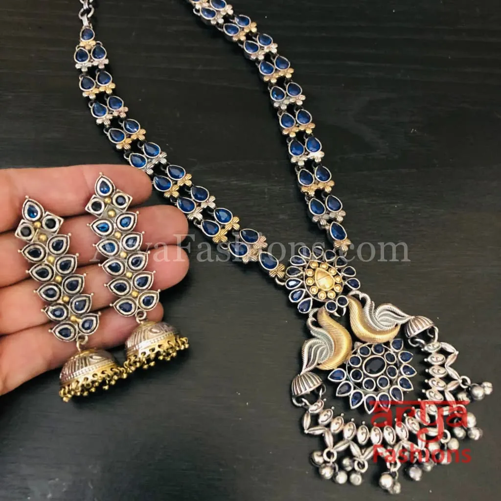 Blue Silver and Gold Dual tone Necklace with Blue Cultured Stones