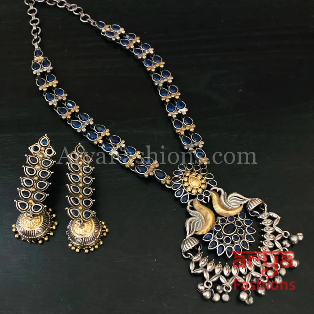 Blue Silver and Gold Dual tone Necklace with Blue Cultured Stones
