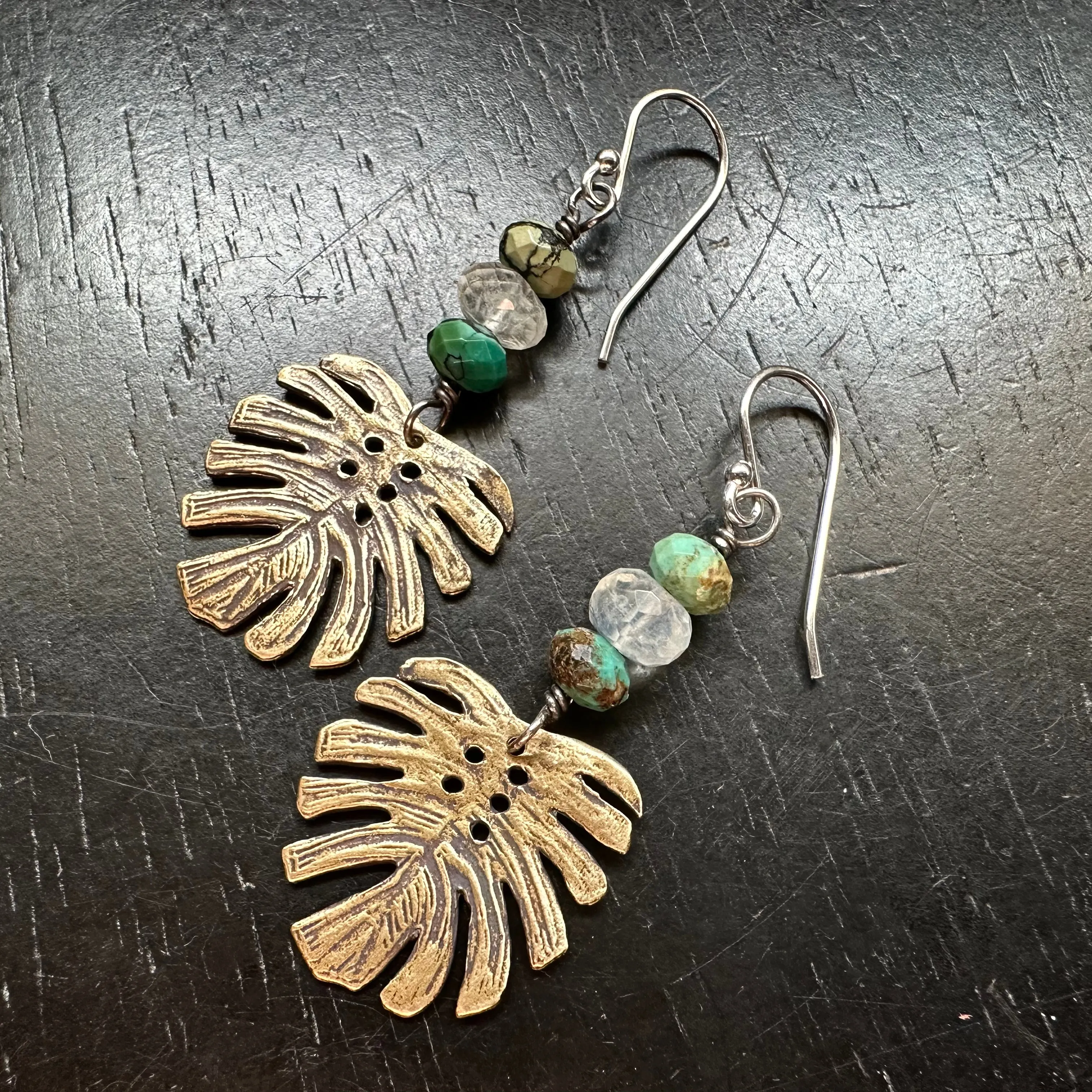 Brass Monstera Leaf Earrings with Turquoise and Moonstone