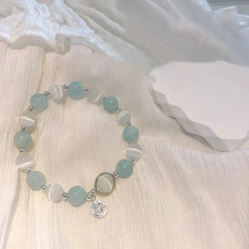 Buddha Stones 925 Sterling Silver Cat's Eye Aquamarine Support Charm Bracelet