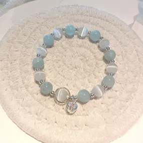 Buddha Stones 925 Sterling Silver Cat's Eye Aquamarine Support Charm Bracelet