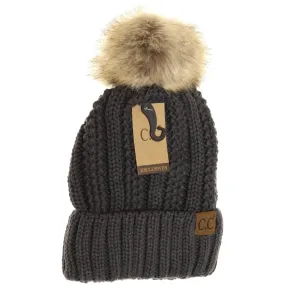 Charcoal Lined Cable Pom Beanie