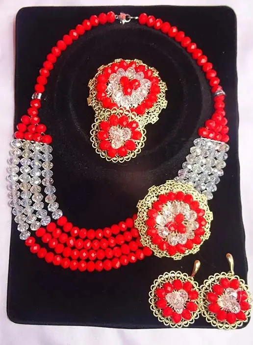 Cheap Multi Layers Red & White Crystal Beads African Party Necklace Jewelry Set