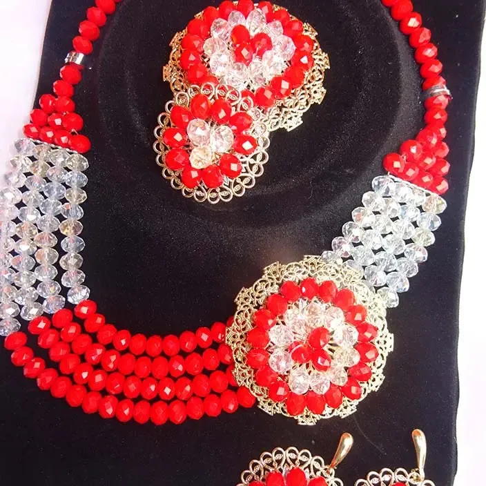 Cheap Multi Layers Red & White Crystal Beads African Party Necklace Jewelry Set