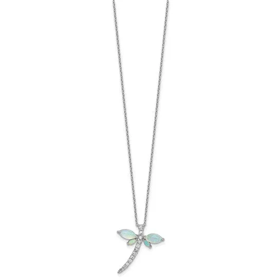 Cheryl M Sterling Silver Opal and CZ Dragonfly Necklace