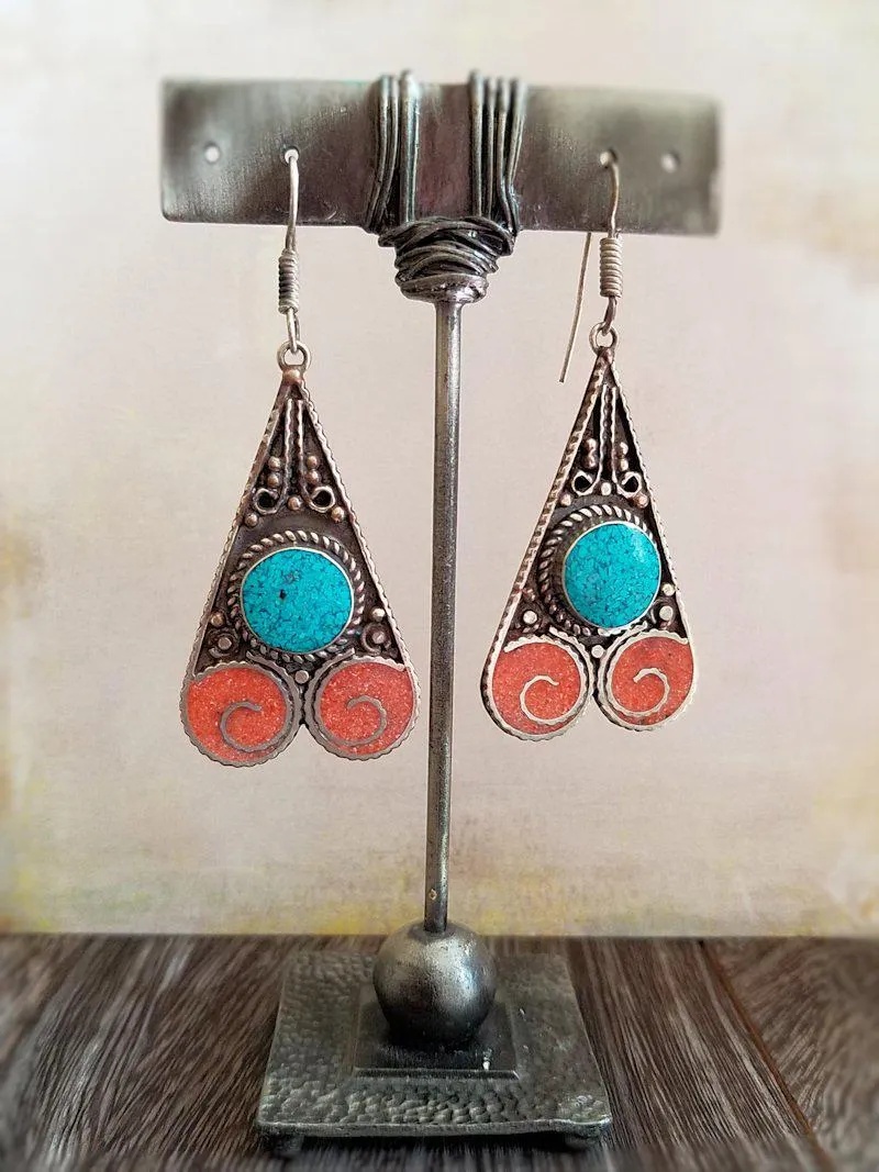 Coral and Turquoise Earrings - Swirly Drop