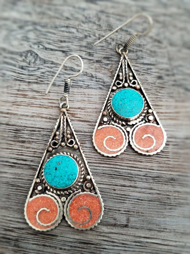 Coral and Turquoise Earrings - Swirly Drop