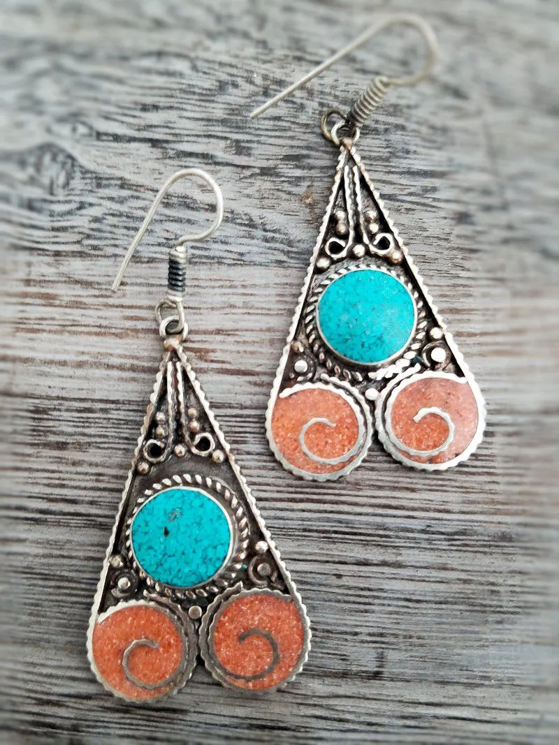Coral and Turquoise Earrings - Swirly Drop