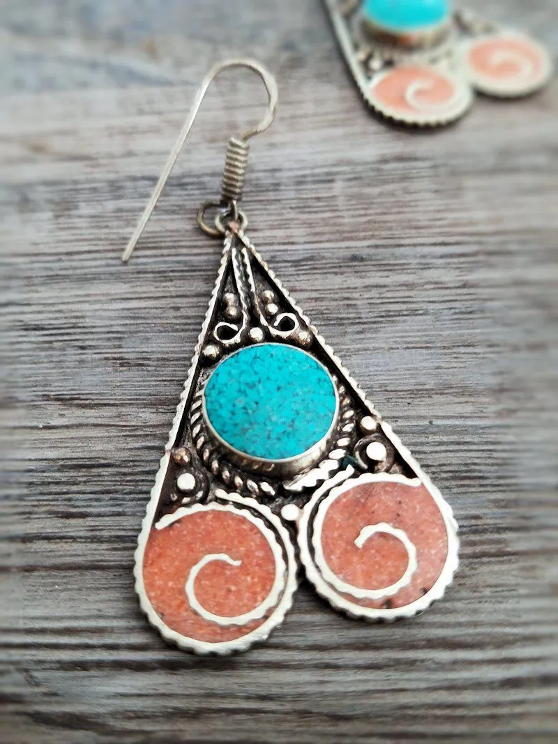 Coral and Turquoise Earrings - Swirly Drop