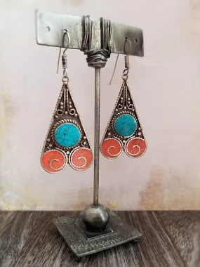 Coral and Turquoise Earrings - Swirly Drop