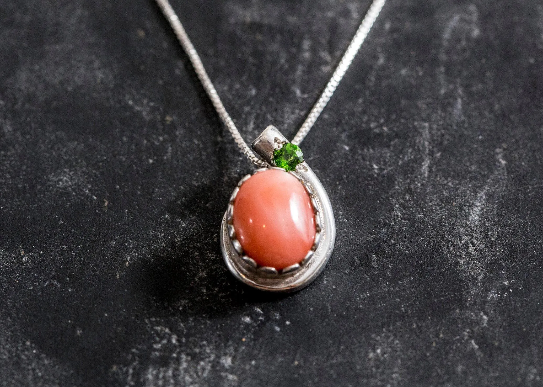 Coral Necklace - Angel Skin Coral Necklace - Chrome Diopside Pendant