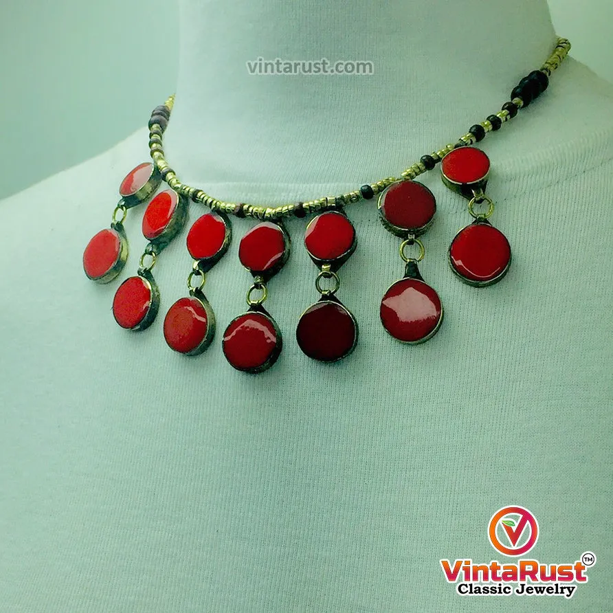Coral Stone Beaded Choker with Ring and Earrings