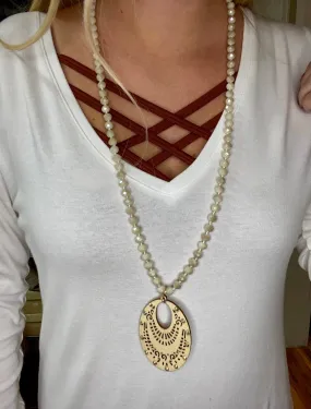 Cream Wooden Rhinestone Beaded Necklace