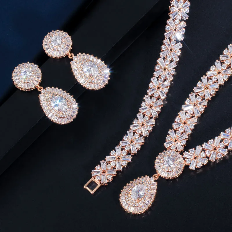 Cubic Zircon Exclusive Dubai Gold Plate Luxury Necklace Earring Bracelet Party Jewelry Set