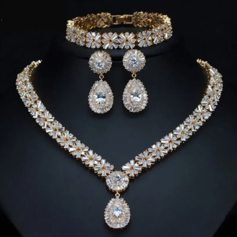 Cubic Zircon Exclusive Dubai Gold Plate Luxury Necklace Earring Bracelet Party Jewelry Set