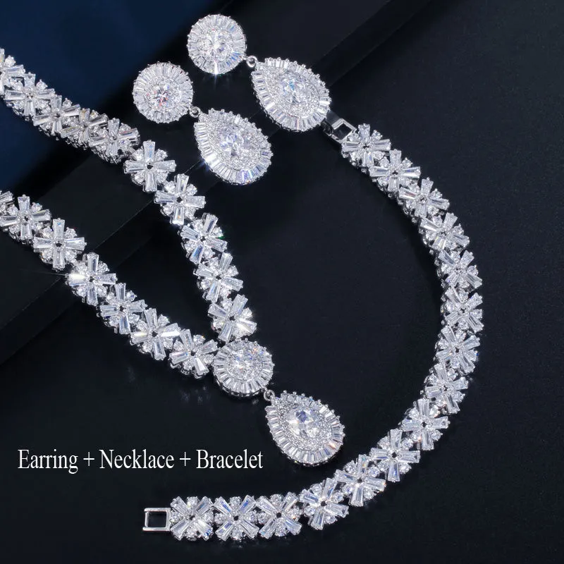 Cubic Zircon Exclusive Dubai Gold Plate Luxury Necklace Earring Bracelet Party Jewelry Set
