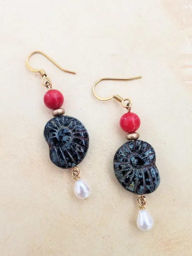 Czech Glass Ammonite and Pearl Earrings