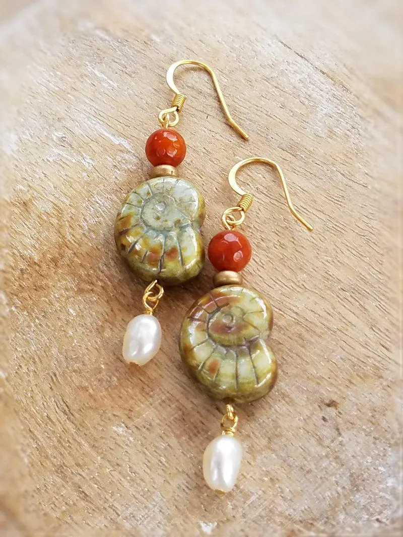 Czech Glass Ammonite and Pearl Earrings