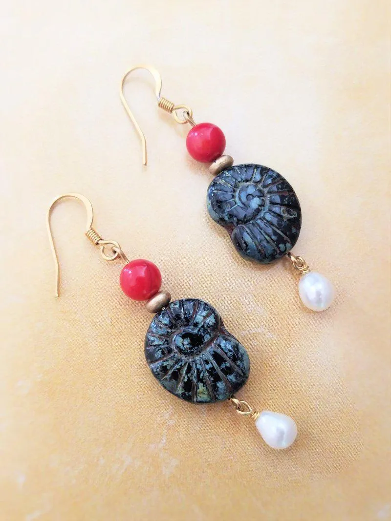Czech Glass Ammonite and Pearl Earrings
