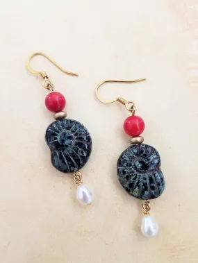 Czech Glass Ammonite and Pearl Earrings