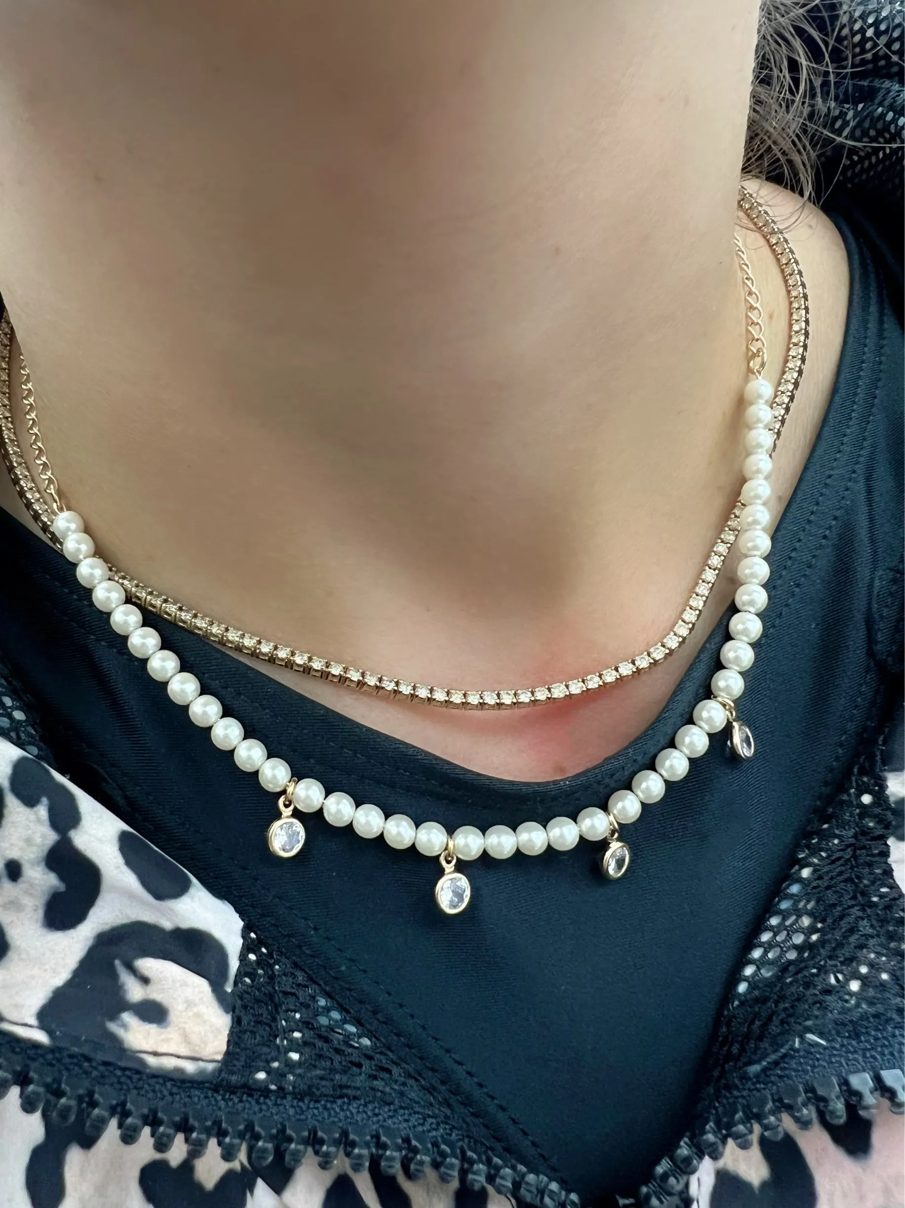 Dangle CZ's Pearl Beaded Choker