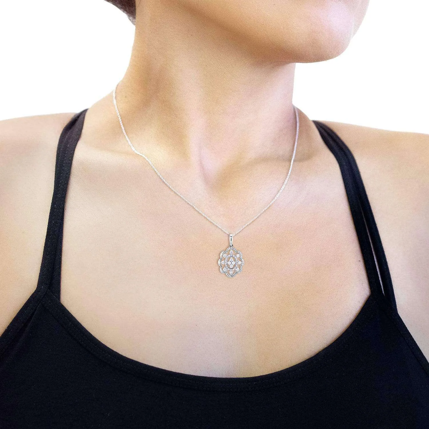 Diamond Floral Pendant Necklace 1/4 CTW 10k White Gold, 18in Chain