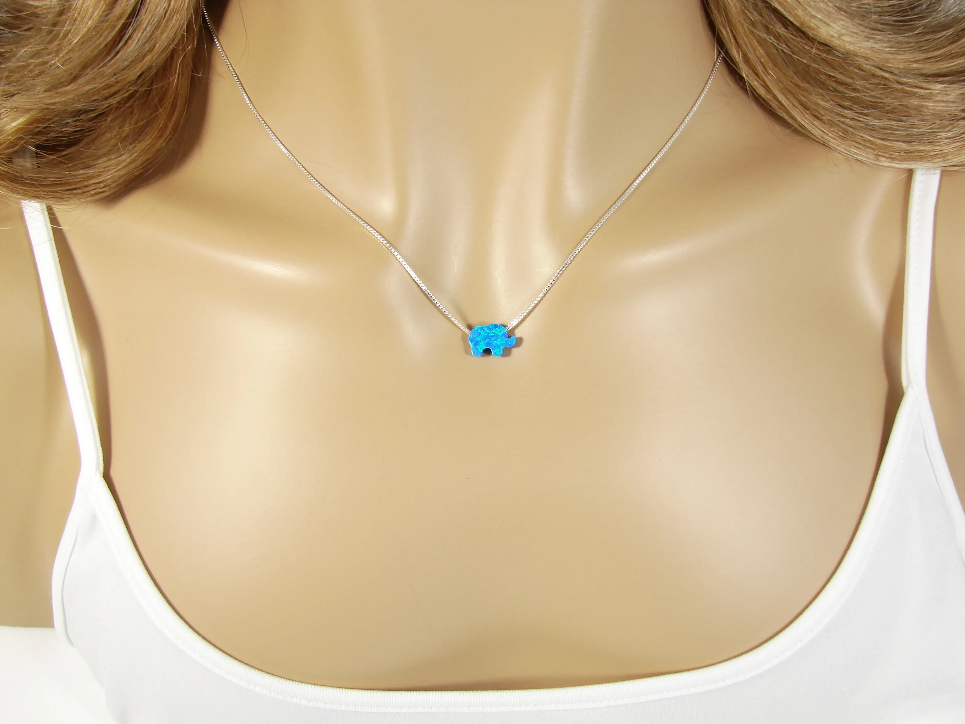 Elephant Opal Pendant Necklace 925 Sterling Silver Box Chain