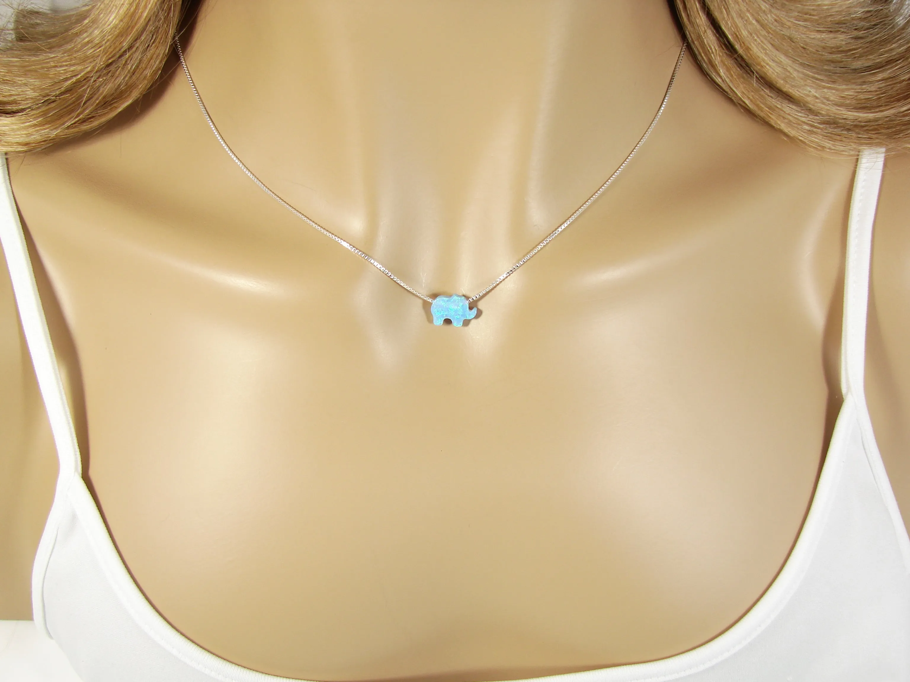 Elephant Opal Pendant Necklace 925 Sterling Silver Box Chain