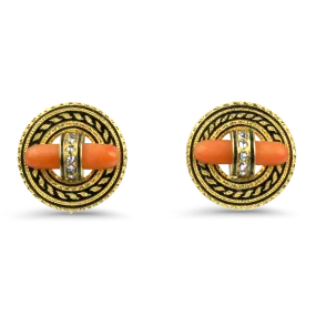 Estate 18k Yellow Gold Coral & Diamond Earrings