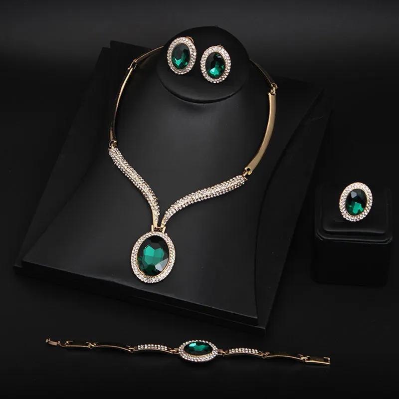 European and American rhinestone crystal large gemstone necklace earrings ring bracelet four-piece set
