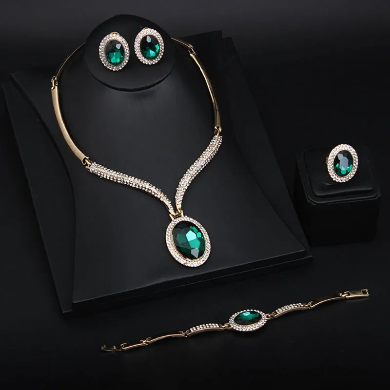 European and American rhinestone crystal large gemstone necklace earrings ring bracelet four-piece set