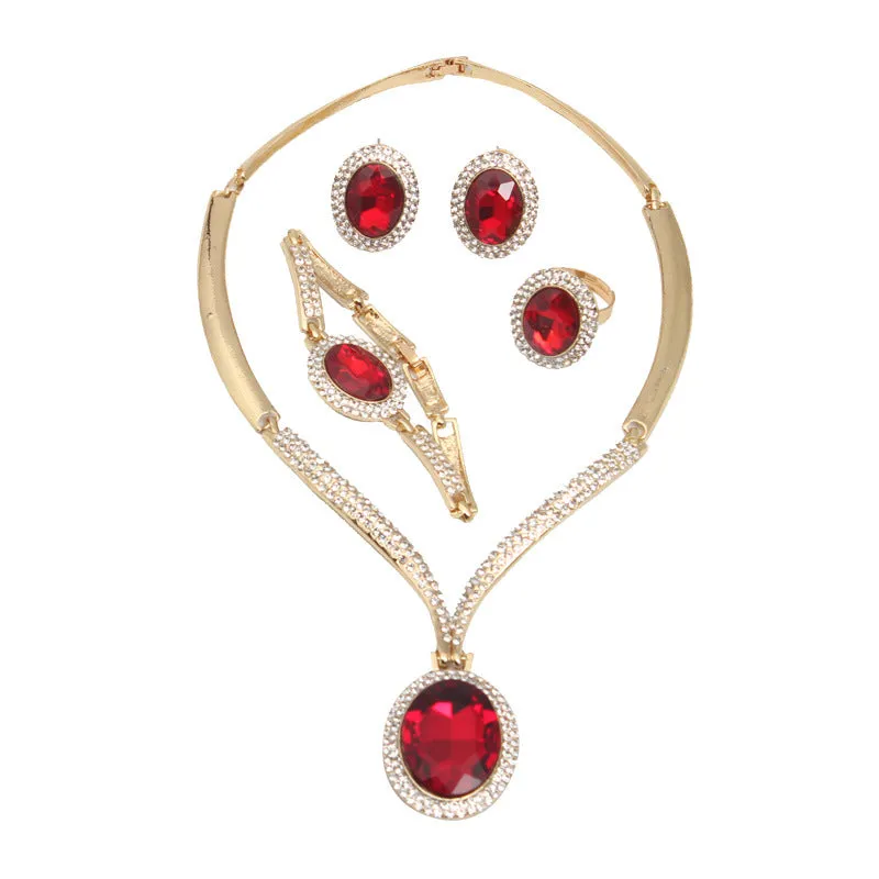 European and American rhinestone crystal large gemstone necklace earrings ring bracelet four-piece set