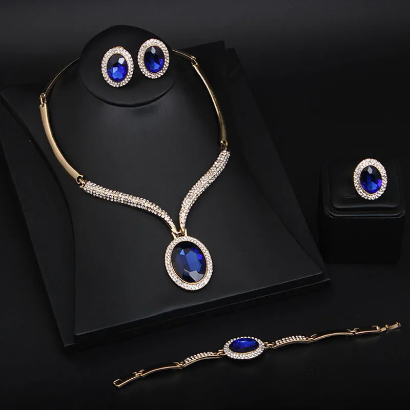 European and American rhinestone crystal large gemstone necklace earrings ring bracelet four-piece set
