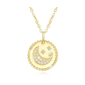 FANCIME Moon Star Round Disc Coin 14K Solid Gold Necklace
