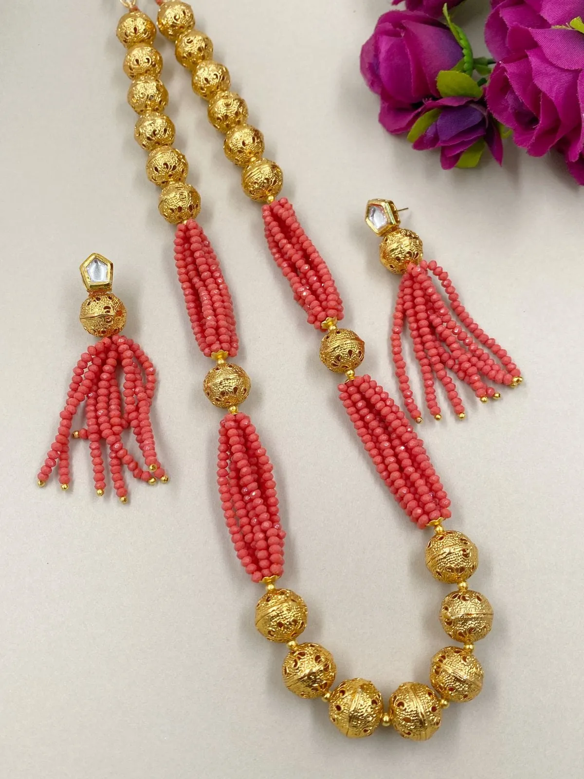 Fancy Peach Crystal And Golden Beads Necklace For Woman By Gehna Shop