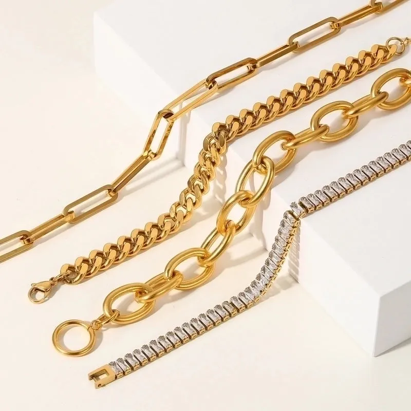 Fashion New 18k Gold Stainless Steel Cuban Link Chain Cross Chain Zircon Bracelet