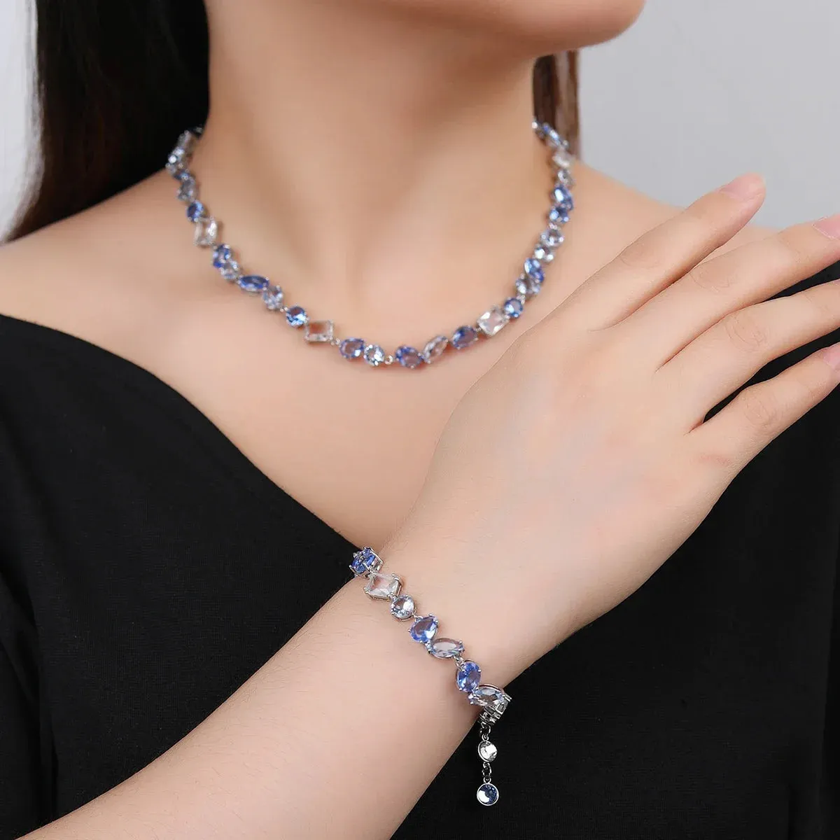 Fashion Simple CZ Blue Cubic Zirconia Ladies Party  Wedding Party Necklace Bracelet Jewelry Set CN11078