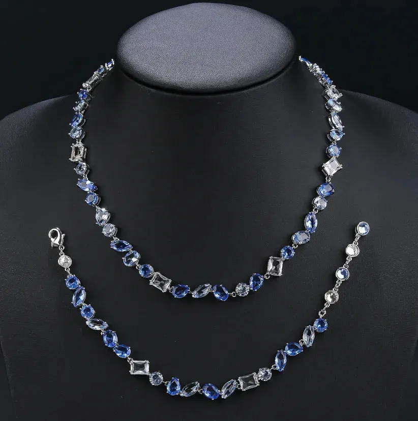 Fashion Simple CZ Blue Cubic Zirconia Ladies Party  Wedding Party Necklace Bracelet Jewelry Set CN11078