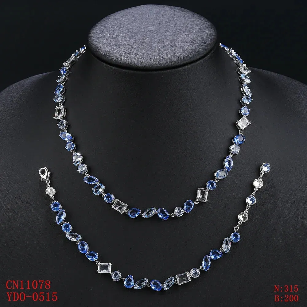 Fashion Simple CZ Blue Cubic Zirconia Ladies Party  Wedding Party Necklace Bracelet Jewelry Set CN11078